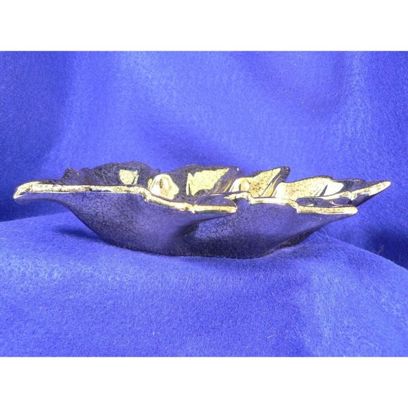 Dish Leaf Shaped Candy Vanity Trinket Pin Soap Bright Gold Tone Crackle Finish - Picture 4 of 9